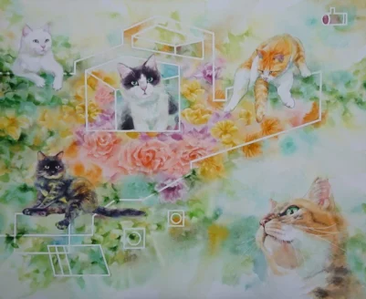 水彩画 動物と人物のシーン 約A4サイズ ペットのオーダーメイド水彩画や動物の絵画の購入が動物福祉の寄付に