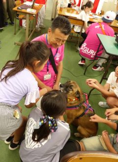 保護犬と小学生とのふれあい