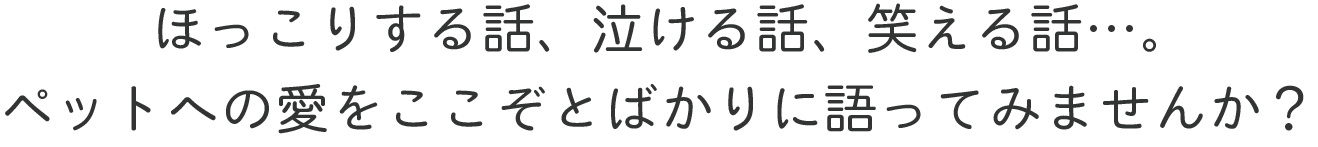 ほっこりする話、泣ける話、笑える話…。ペットへの愛をここぞとばかりに語ってみませんか？