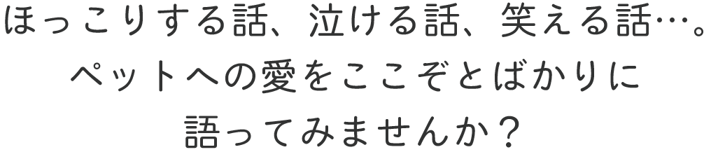 ほっこりする話、泣ける話、笑える話…。ペットへの愛をここぞとばかりに語ってみませんか？